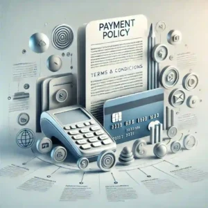 Payment Policy 1 Visual with a credit card, payment terminal, and document icons, symbolizing secure transactions and payment terms.