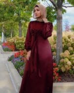 Satin Kaftan Abaya - Long Sleeve High Waist Dress - Image 8