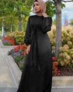 Satin Kaftan Abaya - Long Sleeve High Waist Dress - Image 9