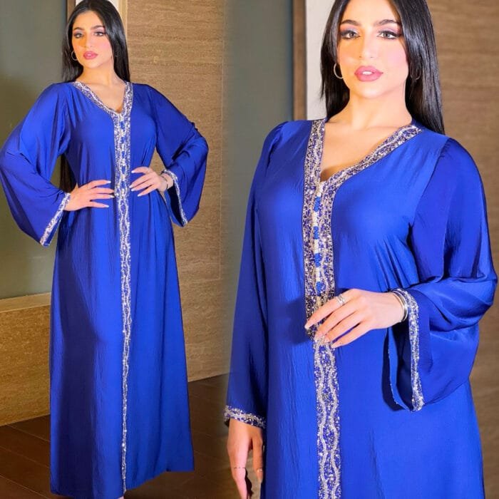 Blue Polyester Robe with Hot Drilling Detail - Image 1