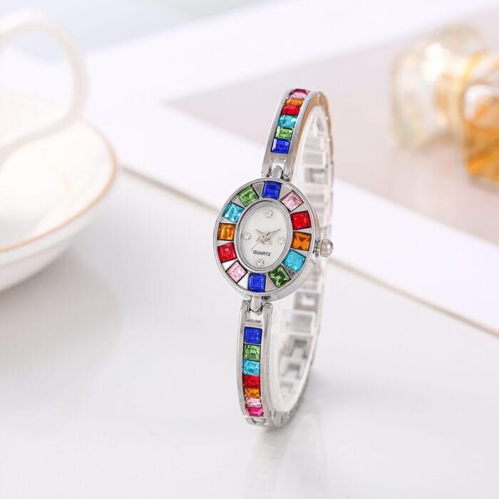 Elegant Small Oval Quartz Watch with Colorful Crystals - Image 5