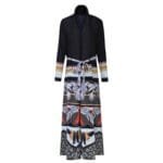 Trendy Black Birds Print Dress with Wide Waist and Long Sleeves