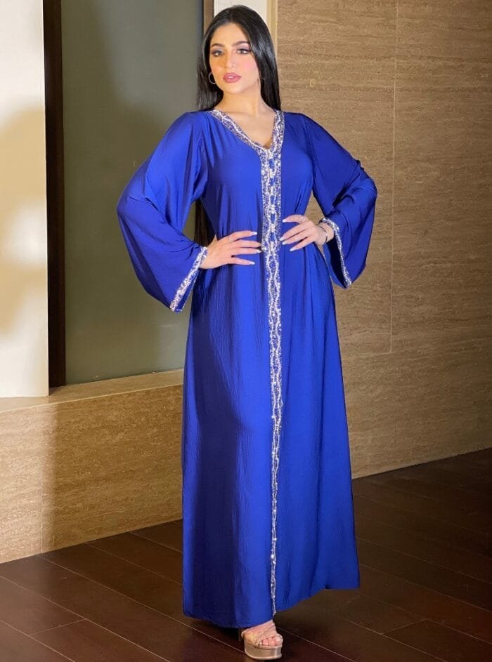 Blue Polyester Robe with Hot Drilling Detail - Image 4