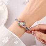 Elegant Small Oval Quartz Watch with Colorful Crystals - Image 3