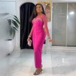 Hot Drilling See-Through Patchwork Slit Dress – Elegant Pink - Image 3