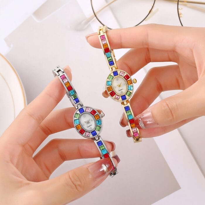 Elegant Small Oval Quartz Watch with Colorful Crystals - Image 1