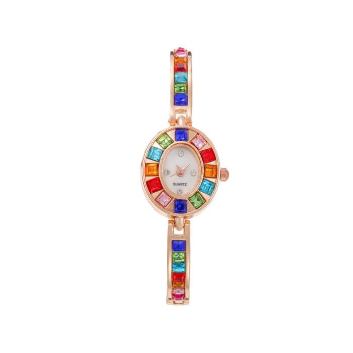 Elegant Small Oval Quartz Watch with Colorful Crystals - Image 7